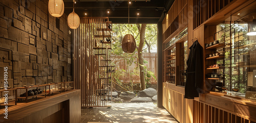A symphony of birdsong fills the air around the tea store, harmonizing with the gentle creak of the hanging coat against the textured wooden wall. photo