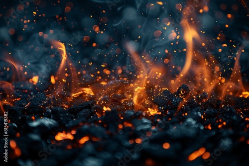 Background of barbecue charcoal with fiery flames and abstract defocused sparks. Intense heat ignites the scene.