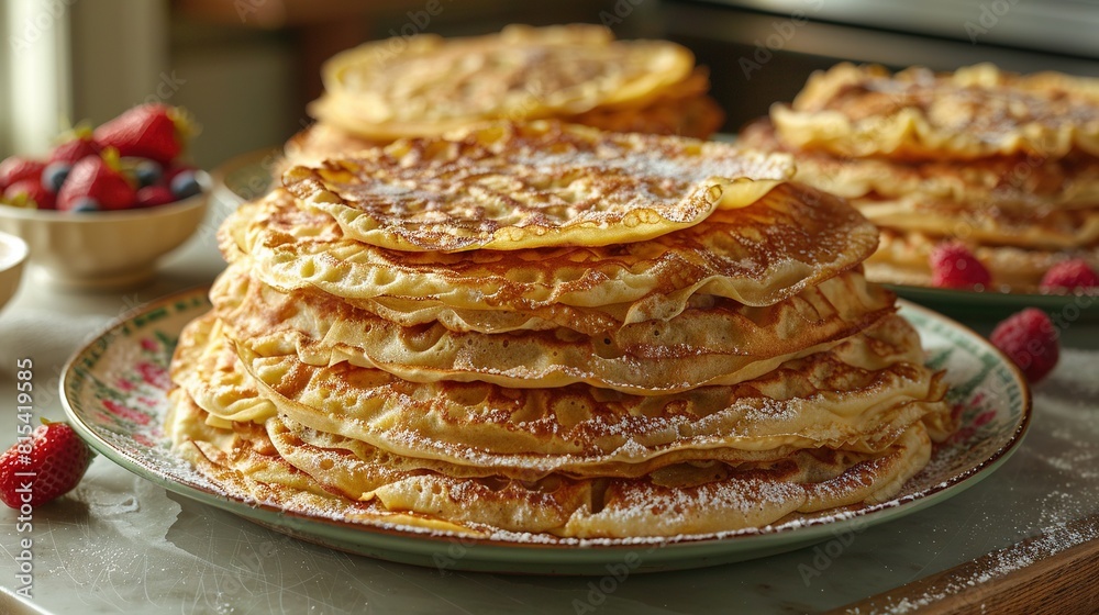 A plate with powdered sugar covered by a stack of pancakes and a bowl of strawberries nearby A plate with powdered sugar covered by a stack of pancakes and a bowl of strawberries nearby
