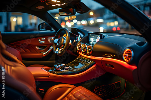 Luxury car interior with dashboard. steering wheel and multimedia system.