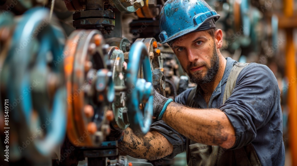 A plumber replacing a damaged valve in a water treatment plant. A plumber replacing a damaged valve in a water treatment plant.