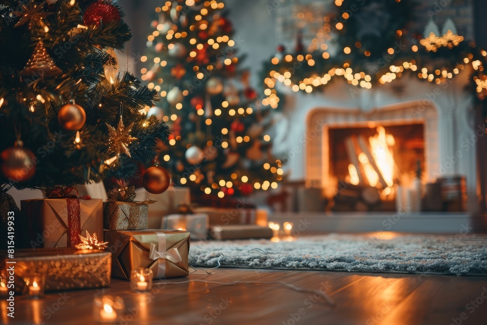 Gifts beneath Christmas tree in cozy home with fireplace and starry garlands. Warm holiday ambiance captured with abstract defocused lights.
Gifts beneath Christmas tree in cozy home with fireplace and starry garlands. Warm holiday ambiance captured with abstract defocused lights.