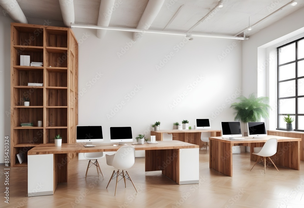 Wooden and white open space office interior with white wall. Generative AI