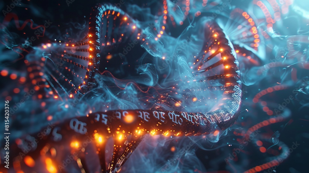A highly detailed illustration of a DNA helix illuminated with dynamic orange and blue lights, symbolizing biotechnology and genetics research.