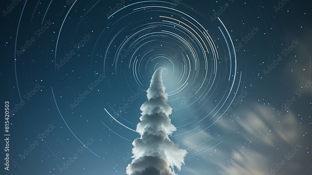 Obraz premium Spirals of smoke shooting up into a starry night sky, top view,