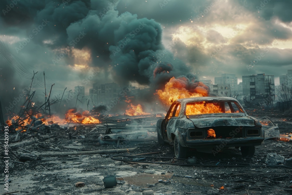 The car is burning in an abandoned, desolate city. Doomsday’s concept