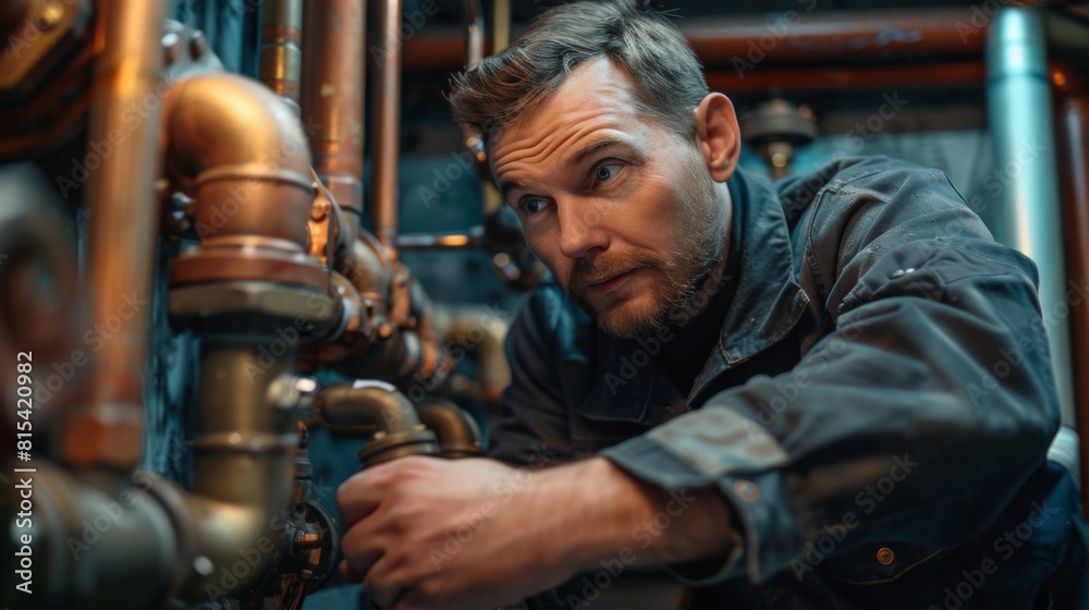 A plumber installing pipes for a steam heating system in a vintage building.