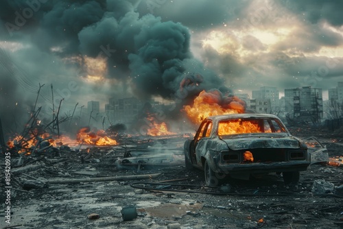 The car is burning in an abandoned, desolate city. Doomsday’s concept photo