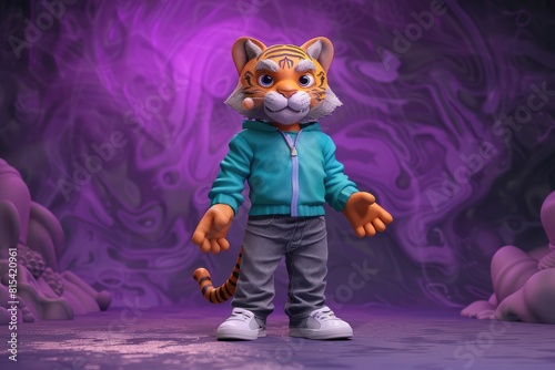Tiger wizard, teal jumper, gray jeans, mystical purple background, clay matte, soft light, detailed 3D. photo
