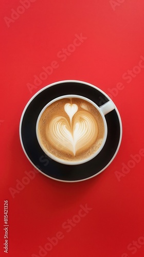 Cupe of coffee with heart shape latte art in the center of red background
