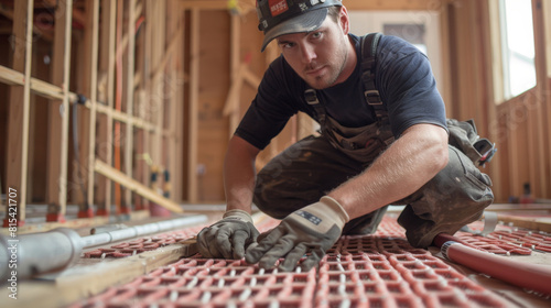 A plumber installing a radiant floor heating system in a new construction.