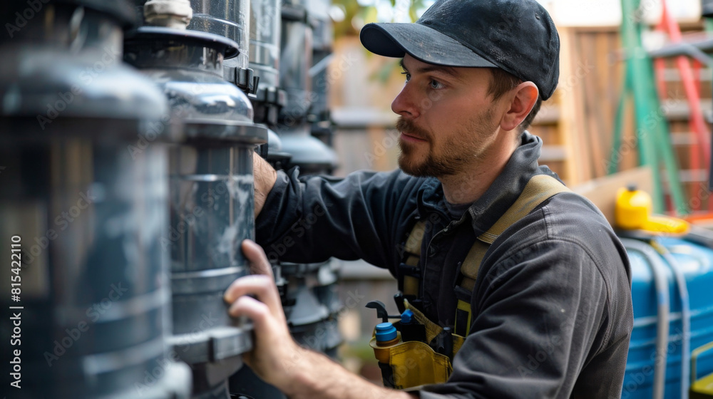 A plumber installing a large-scale greywater recycling system. A plumber installing a large-scale greywater recycling system.