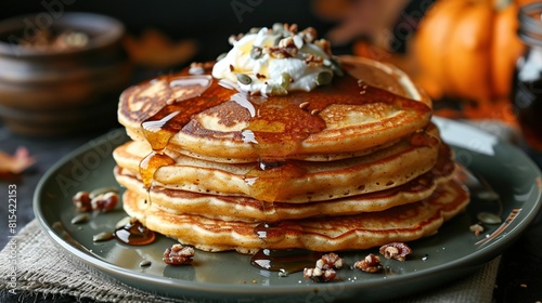  A plate with butter, nuts, and a stack of pancakes alongside a cup of syrup