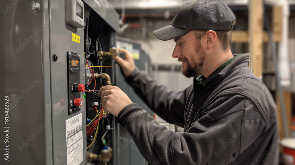 A plumber installing a commercial steam boiler. A plumber installing a commercial steam boiler.