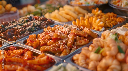 Close up of various variants of Korean street snacks footage photo