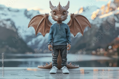Viking dragon, sky blue jumper, dark gray jeans, Nordic fjord scene, clay matte, soft glow, detailed 3D. photo