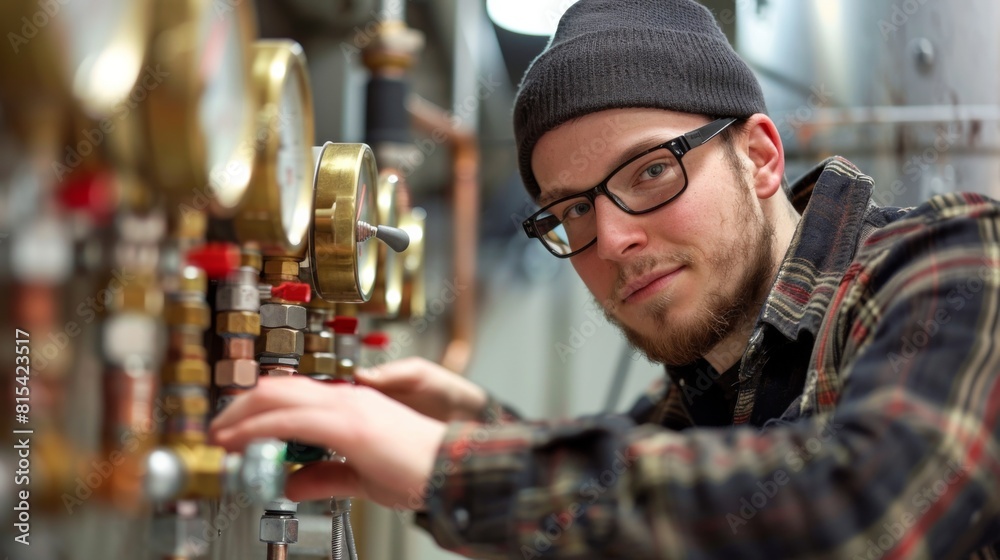 A plumber checking the pressure gauges on an industrial boiler.