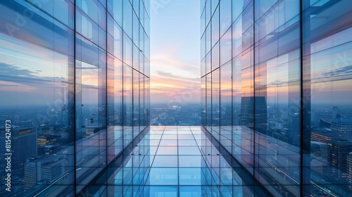 An office tower with a seamless glass facade that reflects the surrounding cityscape.