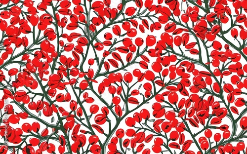 Yew tree branches and red berries pattern. Isolated white background