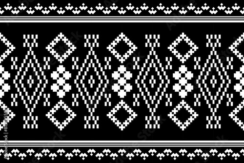 Pixel ethnic pattern, Vector embroidery pattern background, Geometric traditional triangle style, Blue and orange pattern knitting vintage, Design for textile, fabric, batik, kaftan, fibres
