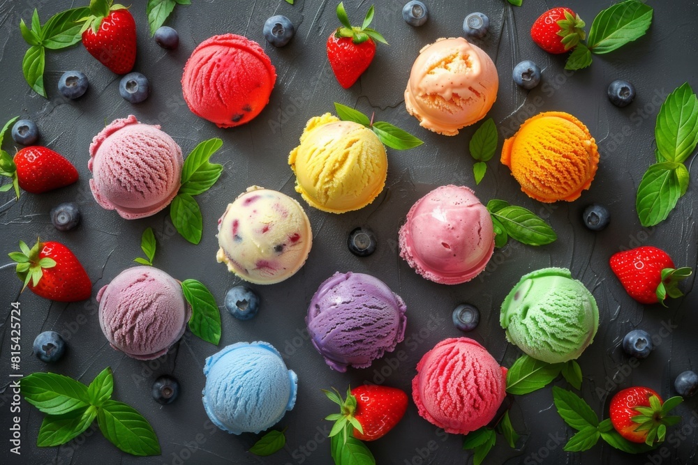 Colorful ice cream scoops with berries and mint leaves on a dark background Colorful ice cream scoops with berries and mint leaves on a dark background