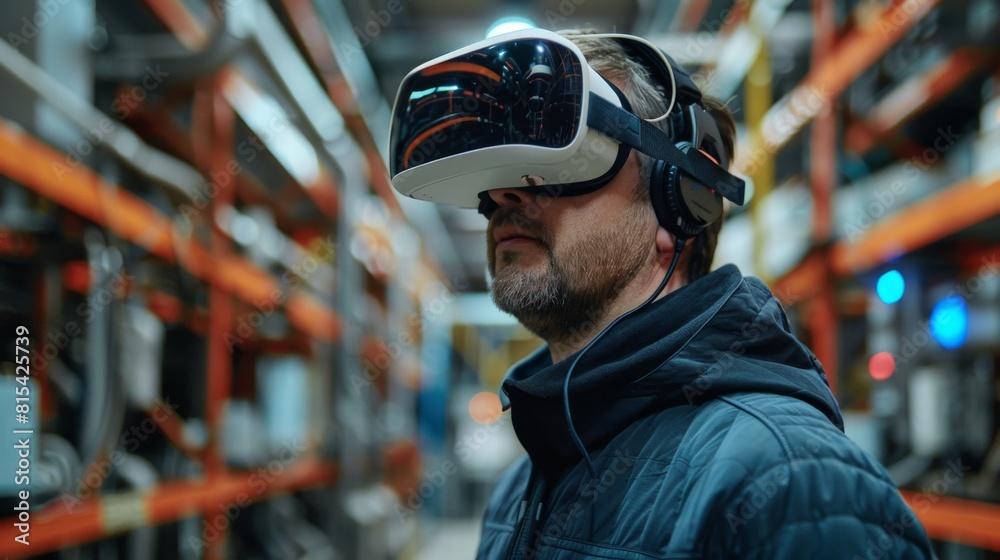 An engineer wearing a VR headset to simulate the electrical network of a factory. An engineer wearing a VR headset to simulate the electrical network of a factory.