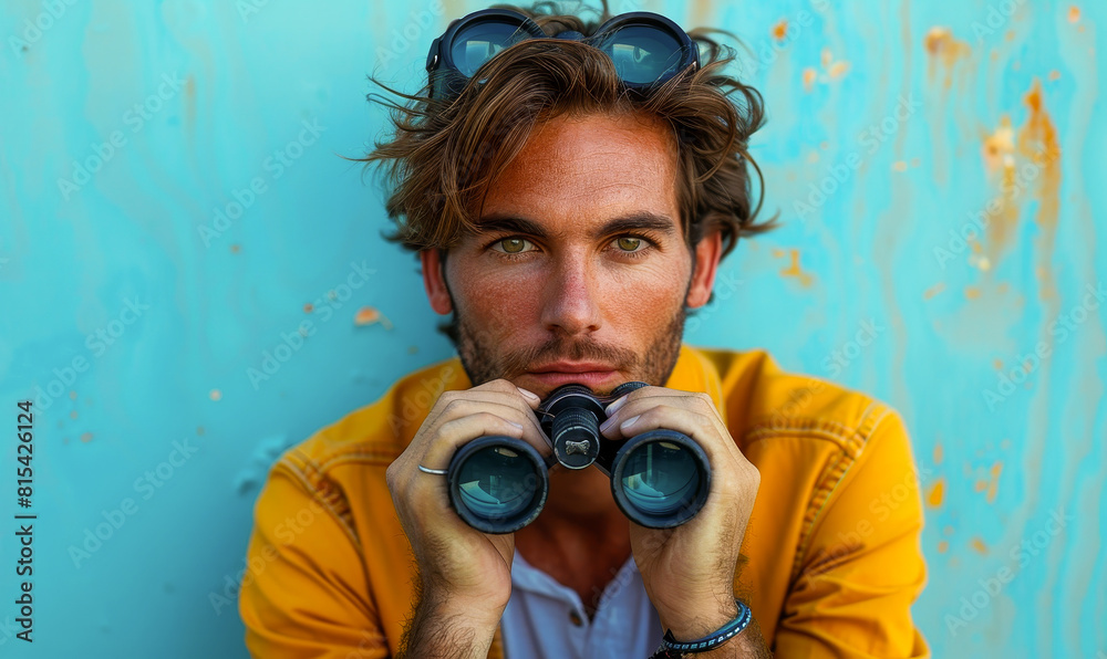 Young Handsome Man in Yellow Jacket Using Binoculars with a Serious Expression Against a Turquoise Background, Concept of Observation and Exploration
