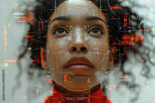 Futuristic artificial intelligence. Portrait of futuristic african american woman using digital interface. Tecnology concept
