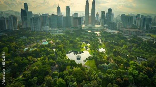 Aerial view of Kuala Lumpur City Centre (KLCC) in Malaysia, featuring the Petronas Towers and the surrounding modern skyline with lush green parks. 