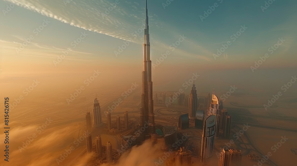 Aerial view of the Burj Khalifa in Dubai, UAE, with its towering structure dominating the modern skyline and surrounded by desert and the Arabian Gulf.     