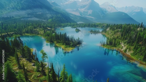 Aerial view of Banff National Park in Canada  featuring its stunning turquoise lakes  towering mountains  and dense pine forests.     