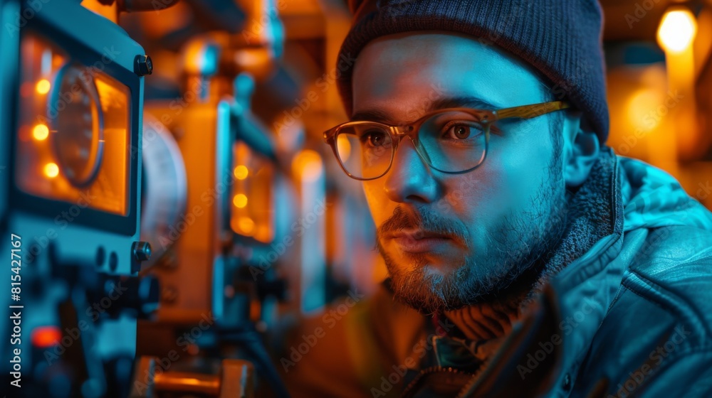 An engineer examining the thermal imaging of a running machine for overheating issues. An engineer examining the thermal imaging of a running machine for overheating issues.