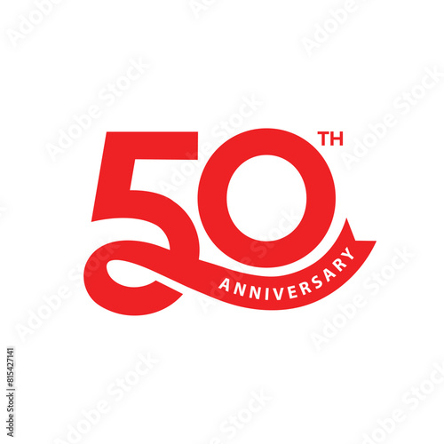 50 years anniversary logo in modern minimal concept. 50th anniversary template, icon, stamp, label with ribbon. Company or person Birthday celebration greeting card sign and symbol.