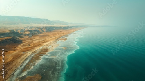 Aerial view of the Dead Sea in Israel and Jordan, with its salt-laden waters and surrounding desert landscape, including the distant Judean Mountains. 