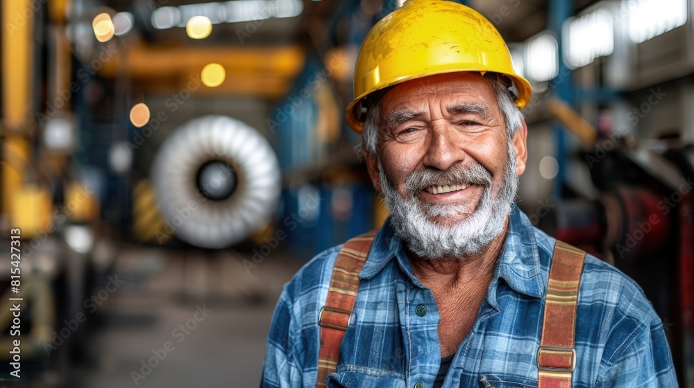 Joyful Industrial Worker in Yellow Hard Hat and Blue Overalls Joyful Industrial Worker in Yellow Hard Hat and Blue Overalls