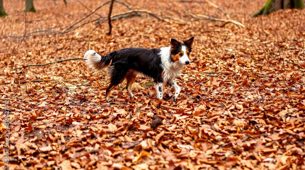 A small black-and-white dog stands amidst a leafy, tree-backdropped background of golden and white leaves A small black-and-white dog stands amidst a leafy, tree-backdropped background of golden and white leaves