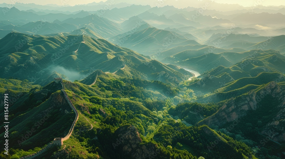 Aerial view of the Great Wall of China stretching across rugged mountains and valleys, with sections winding over steep ridges and through lush forests.     