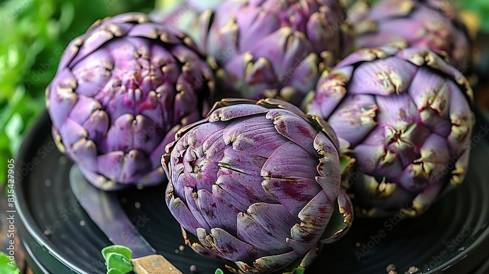 Fototapeta premium Artichoke arrangement with green leaves on a black plate