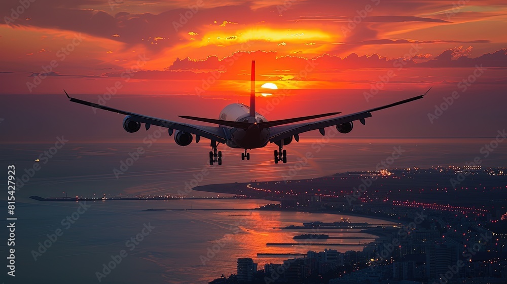 Sunset Takeoff Over Cityscape: Aerial Beauty Unfolds Sunset Takeoff Over Cityscape: Aerial Beauty Unfolds