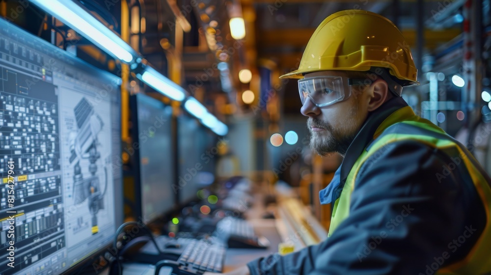An electrical engineer using a complex analytical software to simulate factory loads. An electrical engineer using a complex analytical software to simulate factory loads.