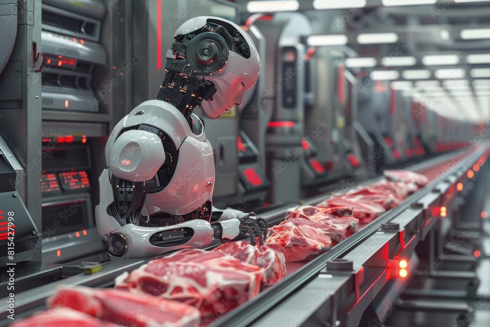 AI robot stands on meat packing or production line in factory, linear ...