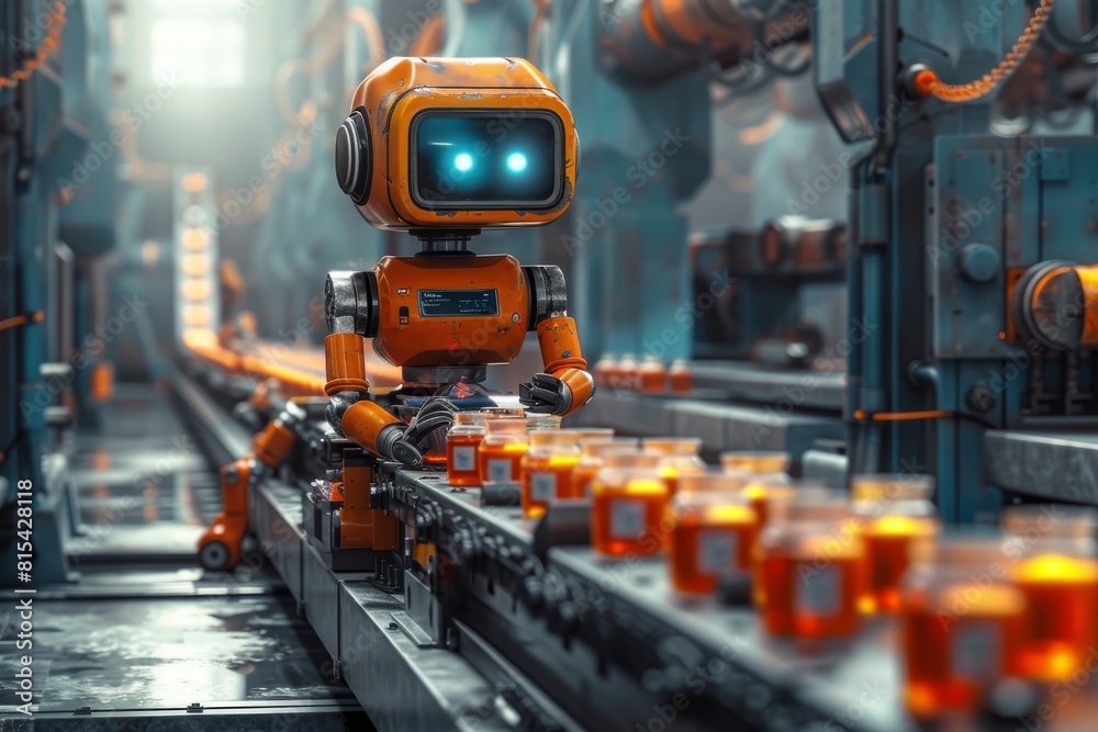 AI robot stands on a conveyor line for the production of baby food in jars in a factory