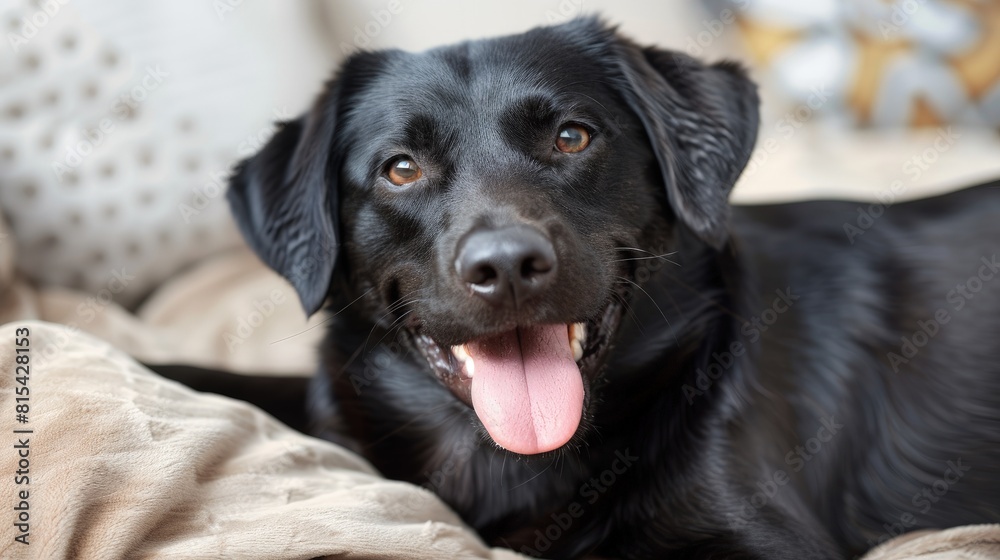 Cozy Black Dog on Beige Couch Relaxation Scene Cozy Black Dog on Beige Couch Relaxation Scene