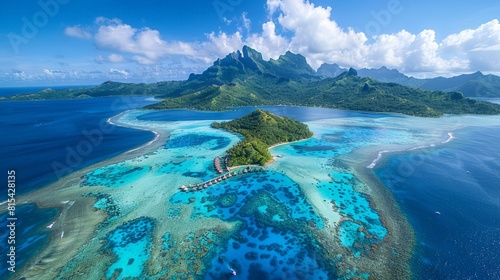 Aerial view of Bora Bora in French Polynesia, with its turquoise lagoon, coral reefs, and overwater bungalows surrounded by the Pacific Ocean.     