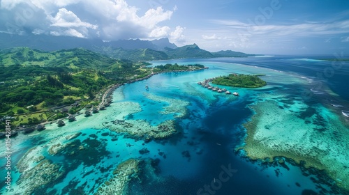 Aerial view of Bora Bora in French Polynesia, with its turquoise lagoon, coral reefs, and overwater bungalows surrounded by the Pacific Ocean. 