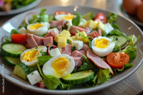 Close-up of a fresh salad plate with a variety of ingredients including eggs, ham, and cheese, great for food enthusiasts