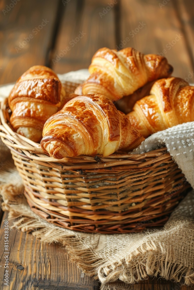 A rustic basket filled with fresh, golden croissants on a wooden table, emanating homeliness and French bakery charm A rustic basket filled with fresh, golden croissants on a wooden table, emanating homeliness and French bakery charm