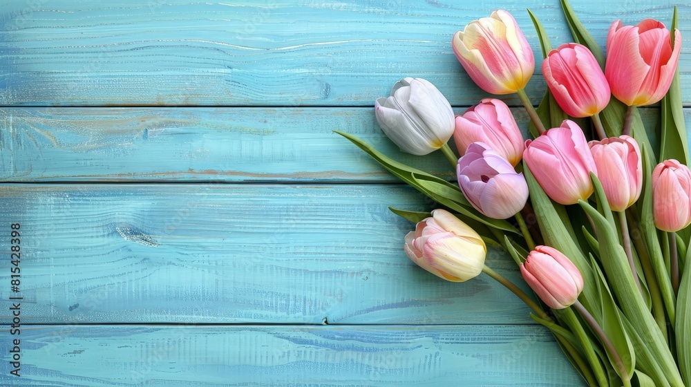 Vibrant Tulip Arrangement on Wooden Surface Vibrant Tulip Arrangement on Wooden Surface