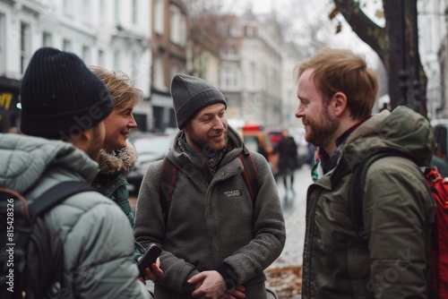 Two men talking to each other in a city street. One of them is looking at the camera.