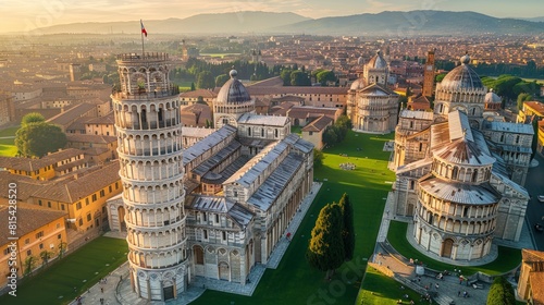 Aerial view of the Leaning Tower of Pisa in Italy, with its iconic tilted structure surrounded by the historic buildings and green lawns of the Piazza dei Miracoli.      photo